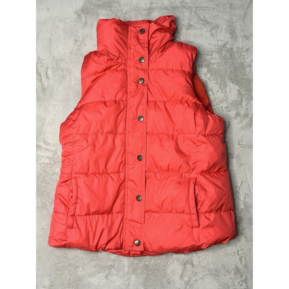 Old Navy Fleece Puffer Vest Women Large Orange Full Zip Snaps Pockets Sleeveless